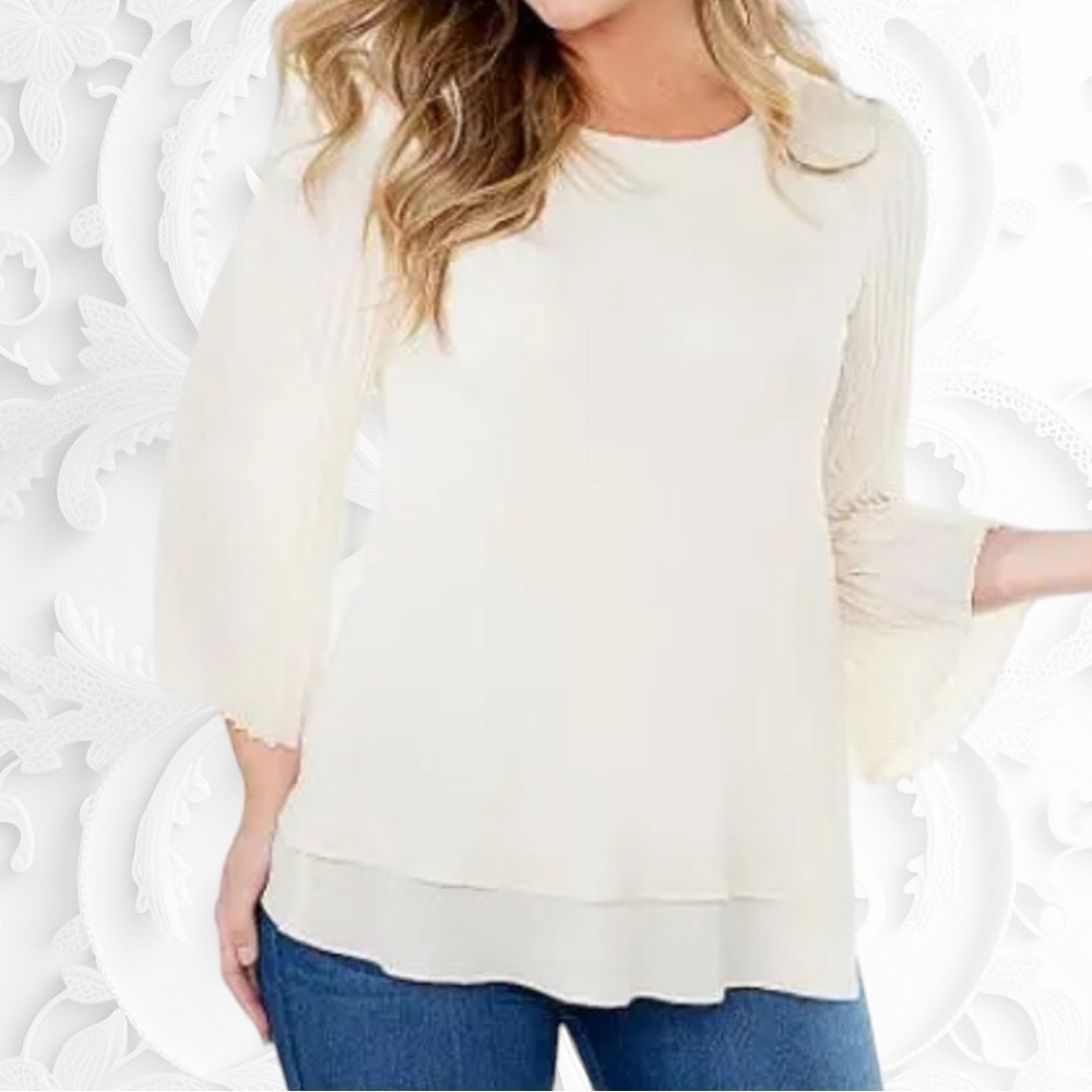 Laurie Felt Ivory Reversable Accordian Sleeved Layered Blouse